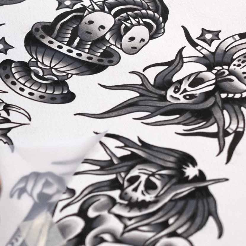 preview of a handpainted flash for the halloween party at good old times tattoo berlin